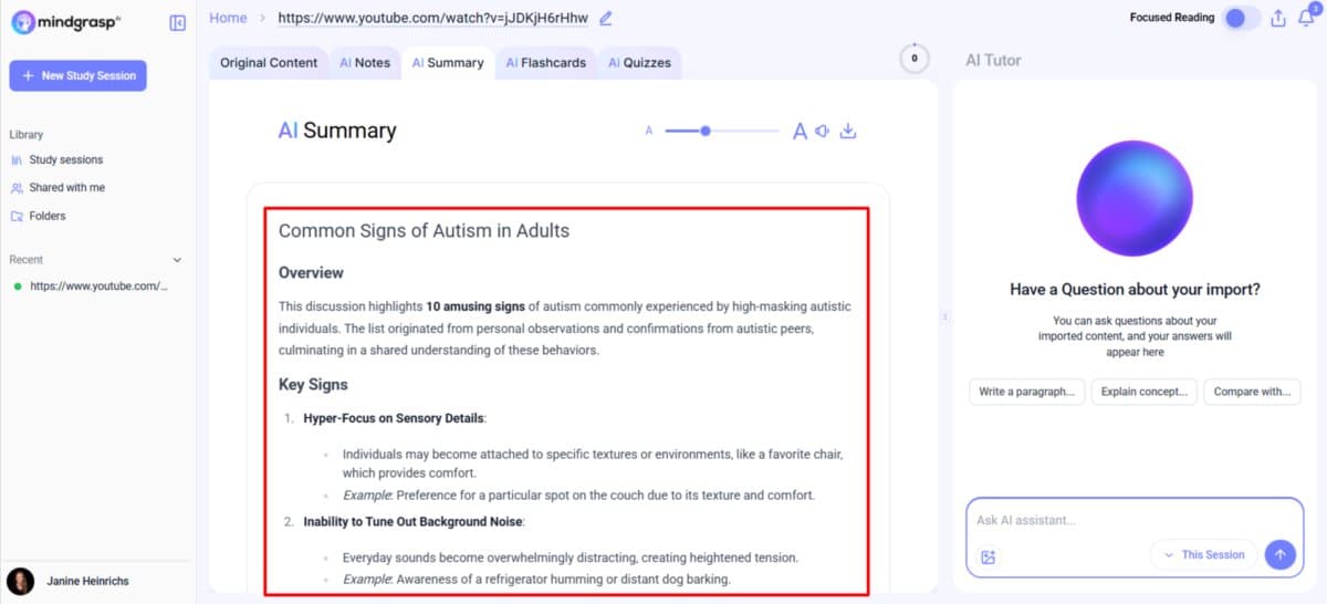 Mindgrasp dashboard showing uploaded documents with AI-generated summaries and interactive quiz features