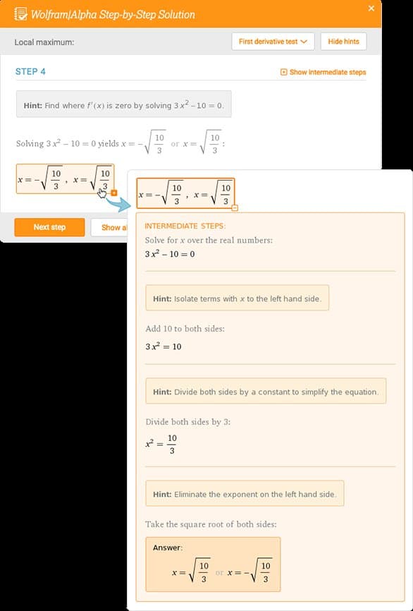 Wolfram Alpha interface showing step-by-step mathematical solutions with graphs and detailed explanations