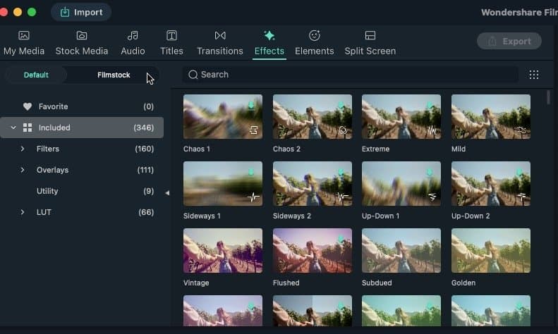 Wondershare Filmora interface displaying AI video effects and traditional editing tools