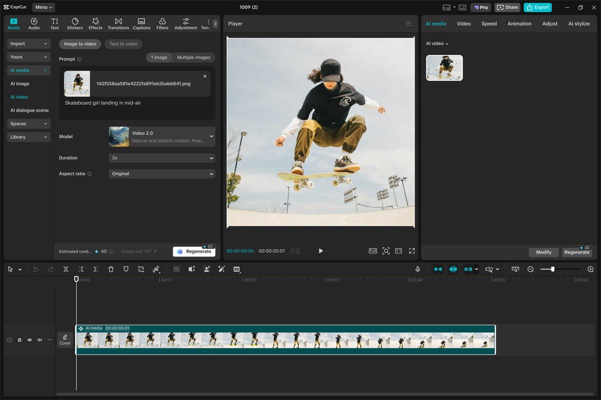 Pika AI interface showing motion-focused video generation with community templates and effects