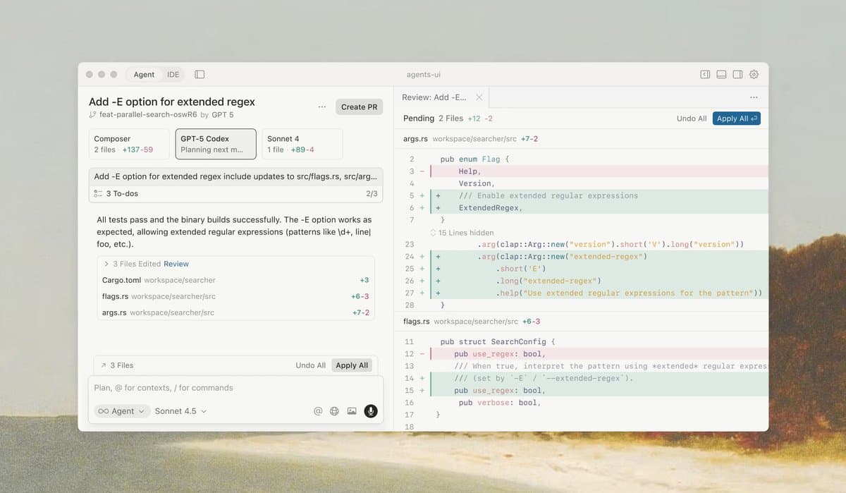 Cursor 2.0 interface showing multi-agent development environment with code generation and debugging panels