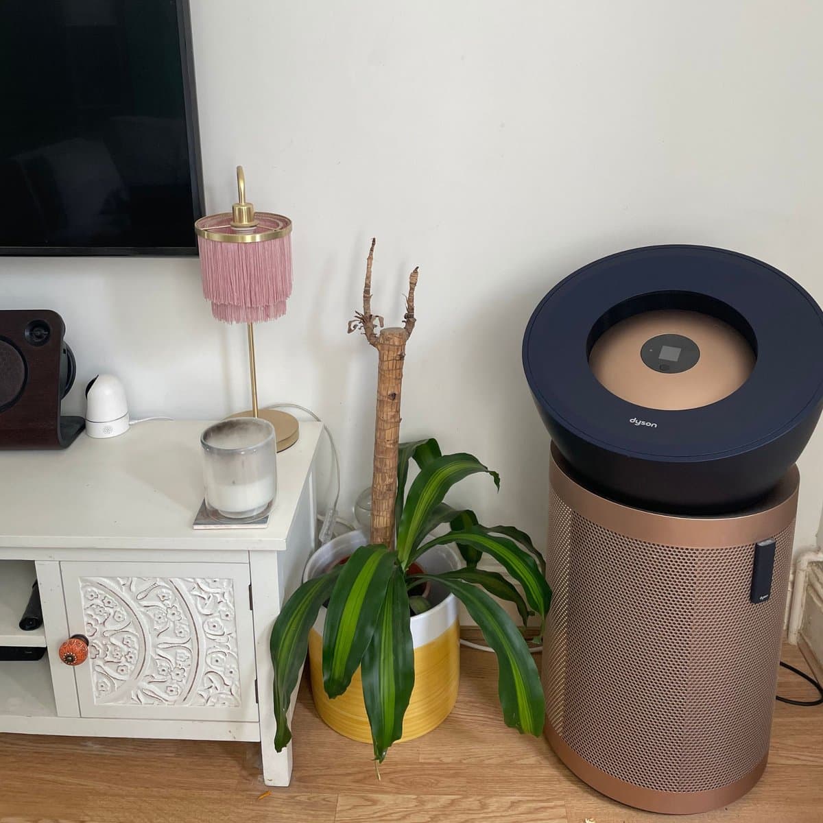 Dyson Big Quiet air purifier in modern living room with air quality display