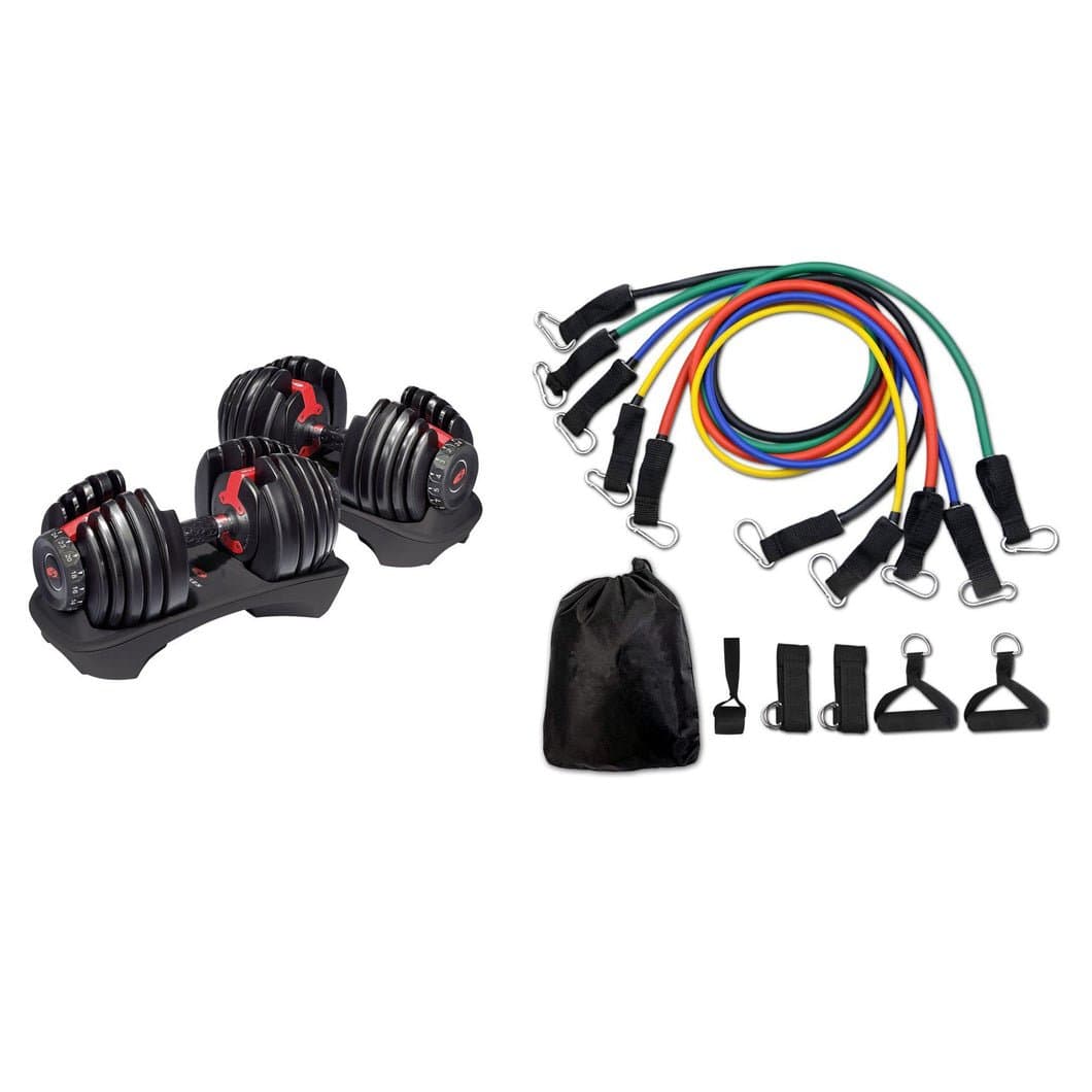 Bowflex SelectTech adjustable dumbbells with resistance bands and door anchor setup