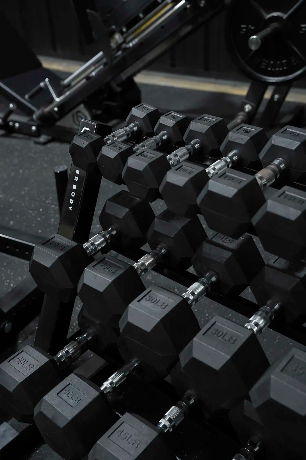 Complete home gym setup with adjustable dumbbells, power rack, and bench in a garage setting