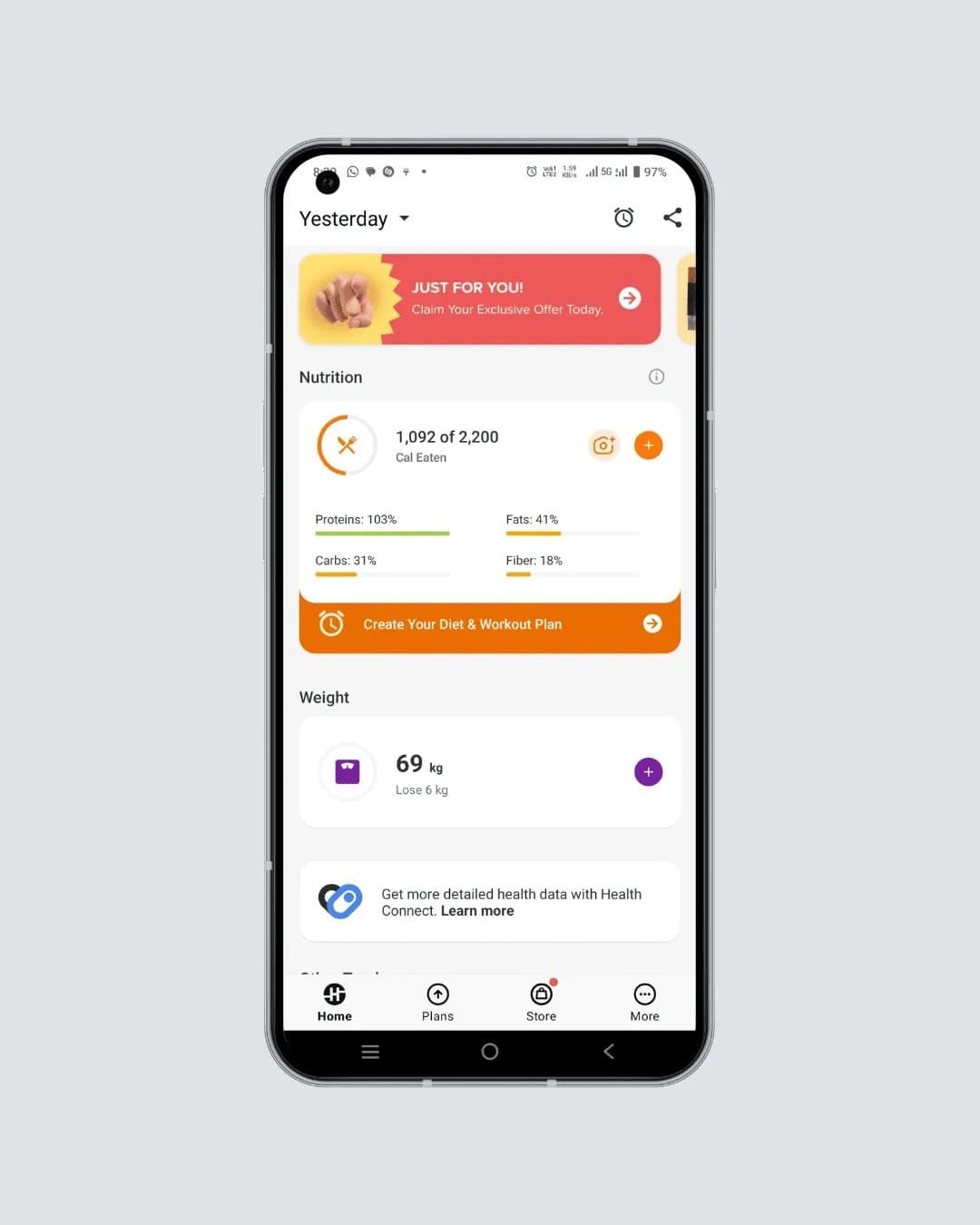 HealthifyMe app showing AI coach Ria and SNAP food recognition technology