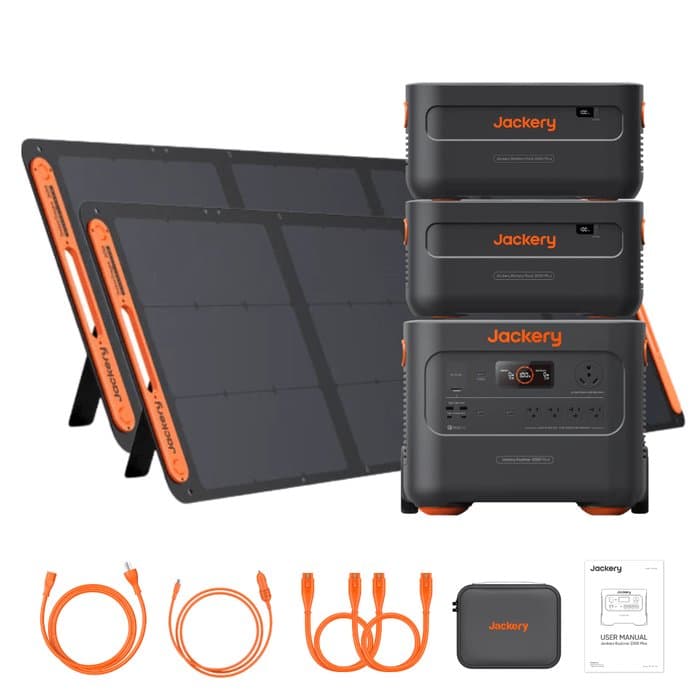 Jackery Explorer 2000 Plus with solar panels in outdoor setting
