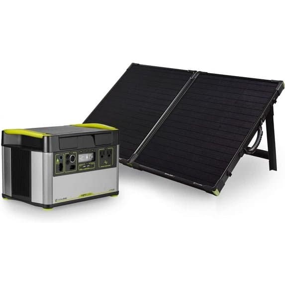 Goal Zero 1500 power station with solar panels at campsite