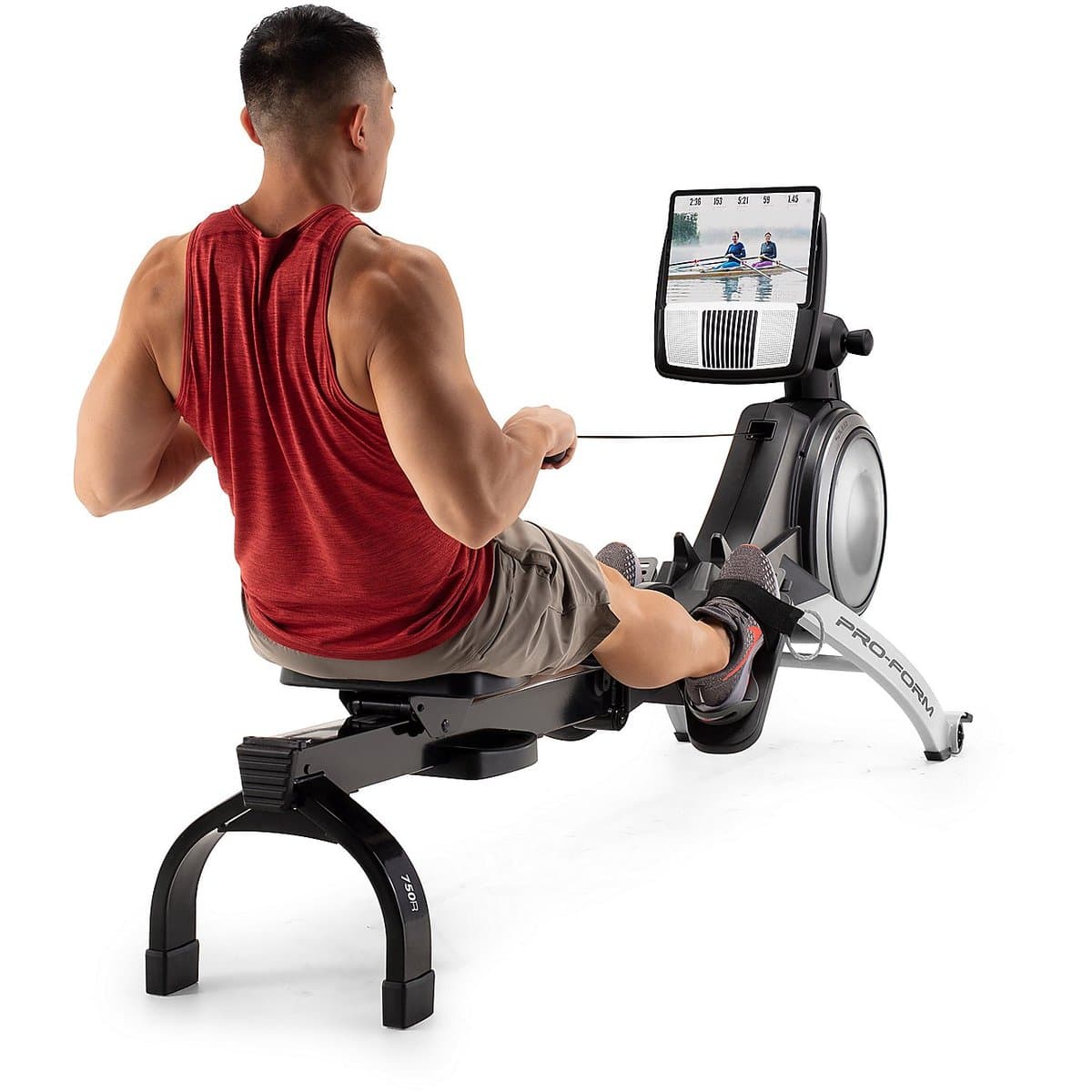 ProForm 750R with built-in display showing workout metrics and app interface