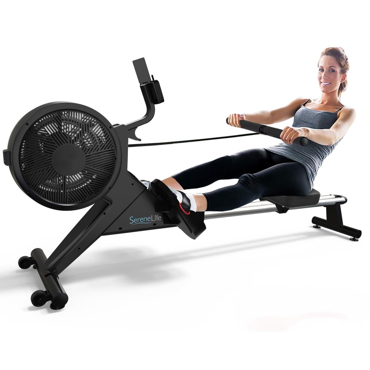 YOSUDA magnetic rowing machine in compact home gym setup with smartphone holder