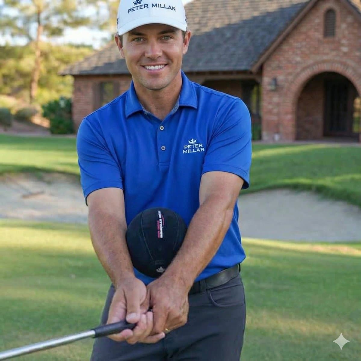 Tour Striker Smart Ball positioned between golfer's forearms demonstrating proper swing connection technique