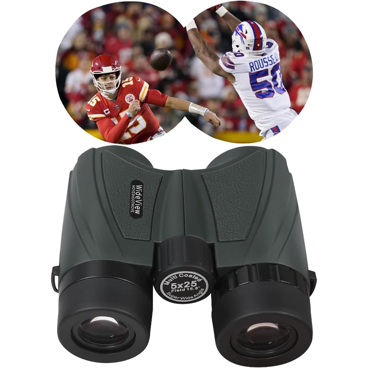 Sports fans using binoculars in stadium seats to watch game action