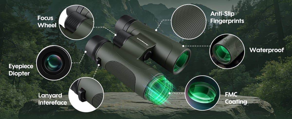 Aurosports binoculars showing budget design with waterproof construction claims