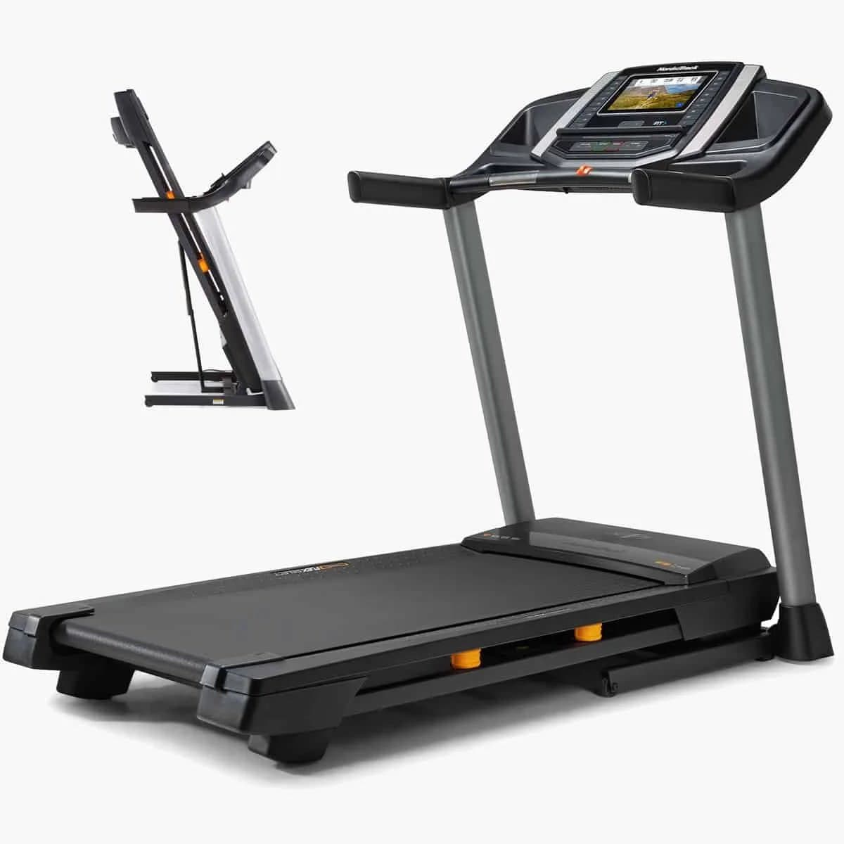 NordicTrack T Series T 6.5 Si treadmill in compact home gym setup showing space efficiency