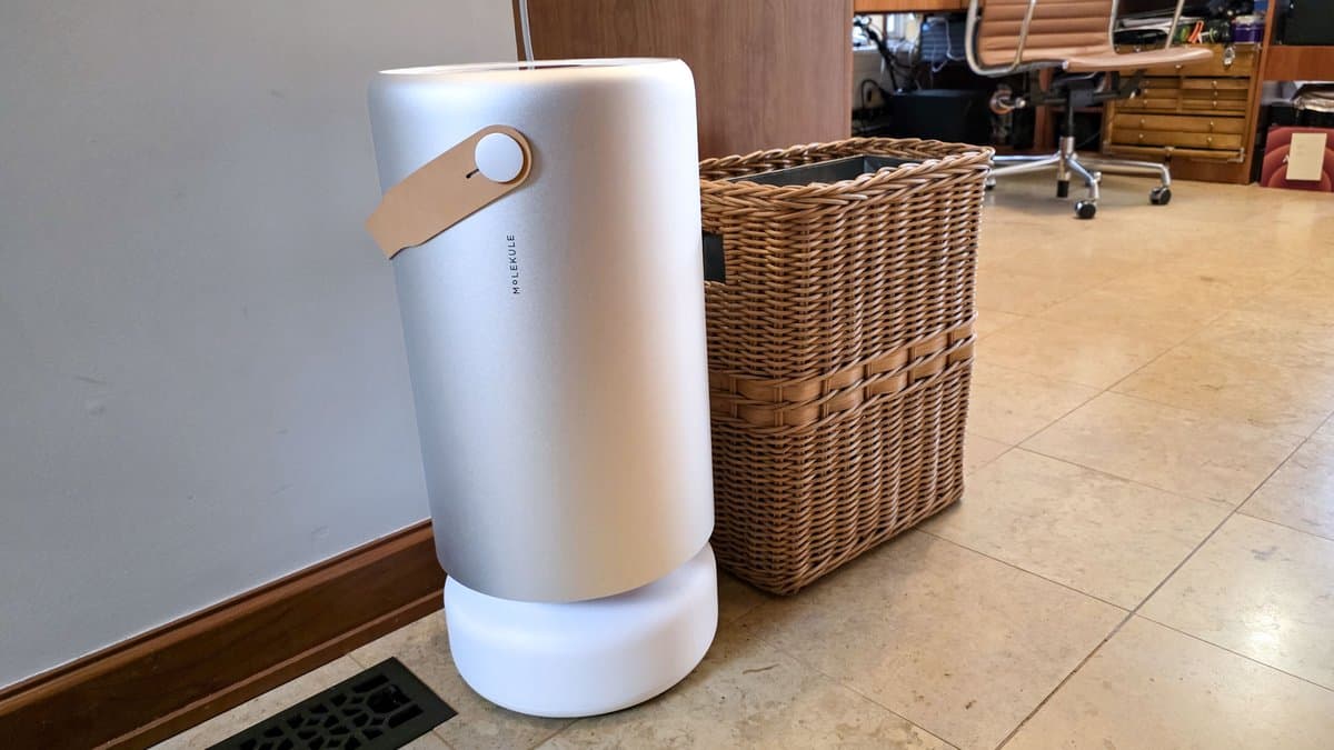 Molekule Air Pro showing sleek cylindrical design with integrated HEPA and PECO technology filters