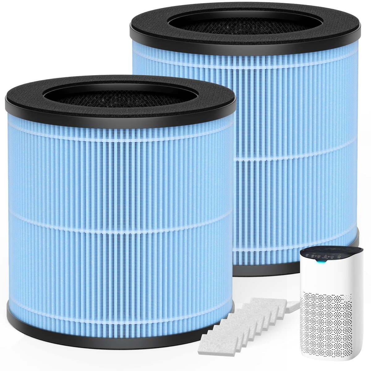 POMORON air purifier displaying four-stage filtration system with coverage for rooms up to 1250 square feet