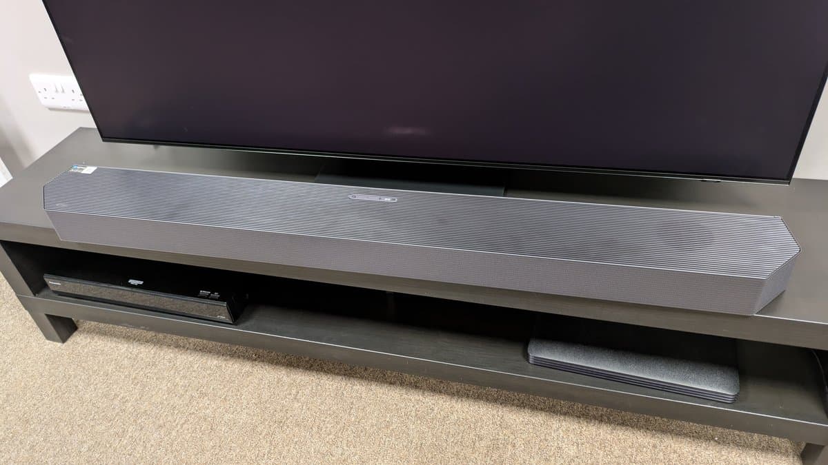 Samsung HW-Q800F soundbar with wireless subwoofer on TV stand