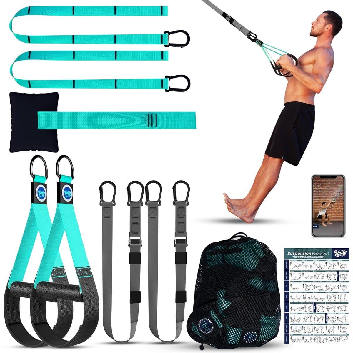 Suspension trainer system set up in home with multiple exercise positions
