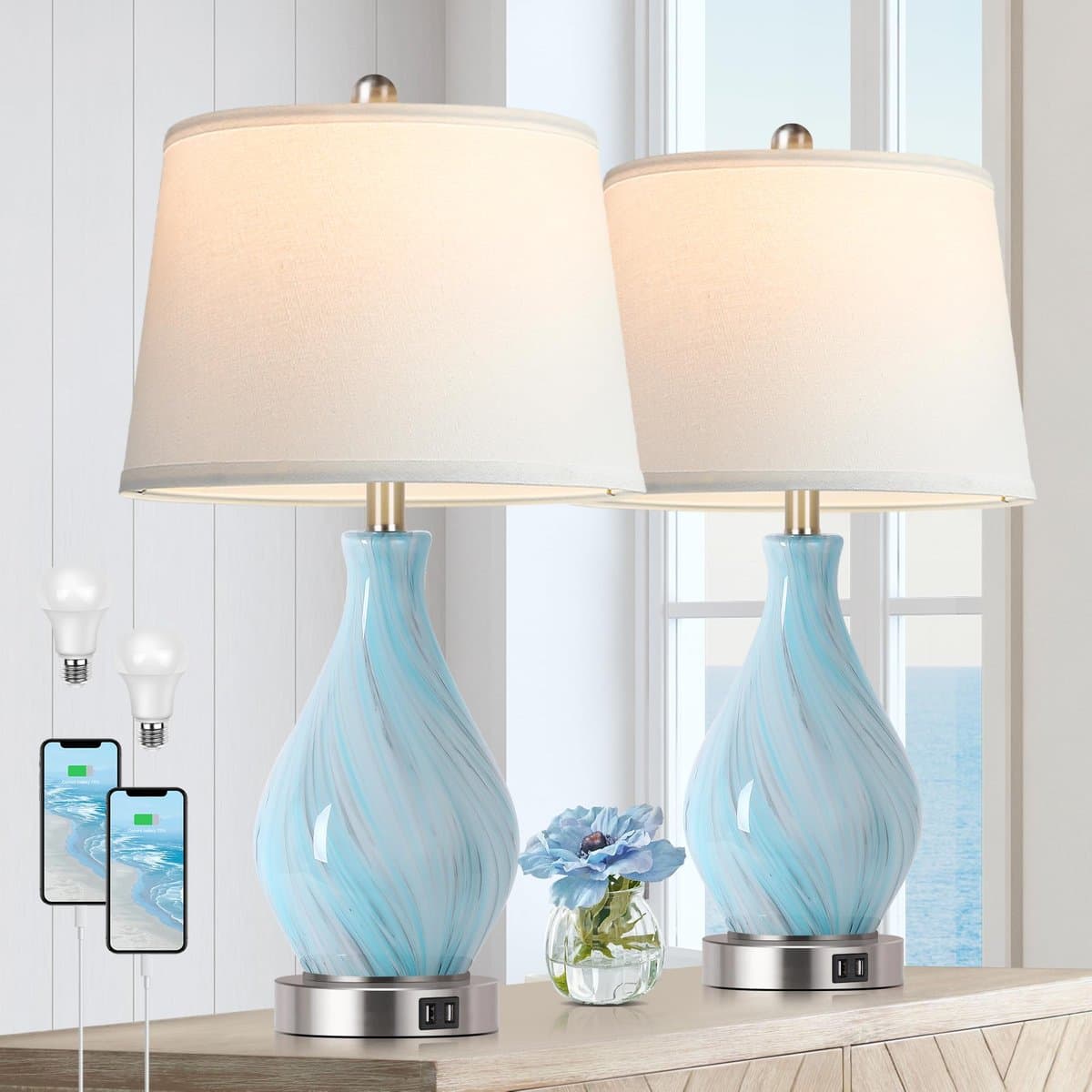 Restful Atmos bedside lamp with blown-glass design