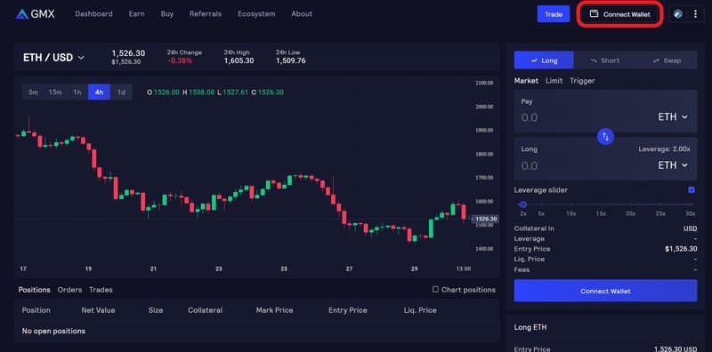 GMX perpetual trading platform with GLP liquidity pool staking interface
