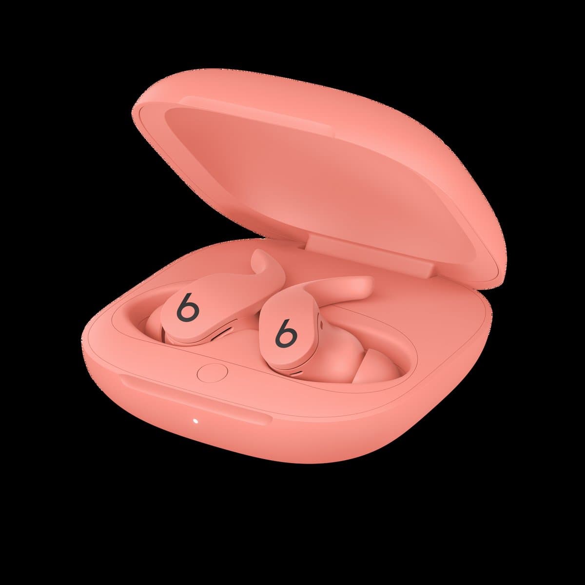 Beats Powerbeats Fit in coral pink showing secure-fit wingtips and Apple integration