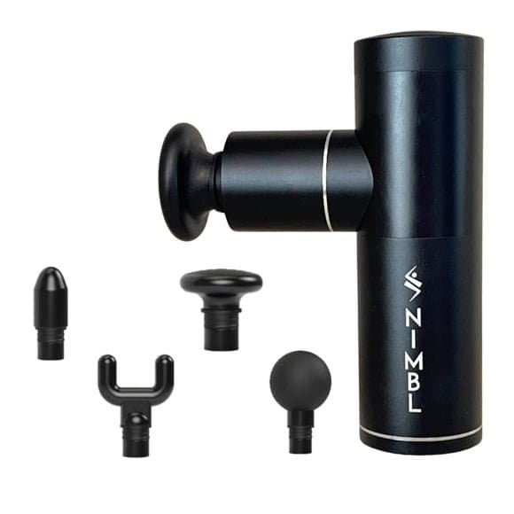 Compact black massage gun with multiple attachment heads