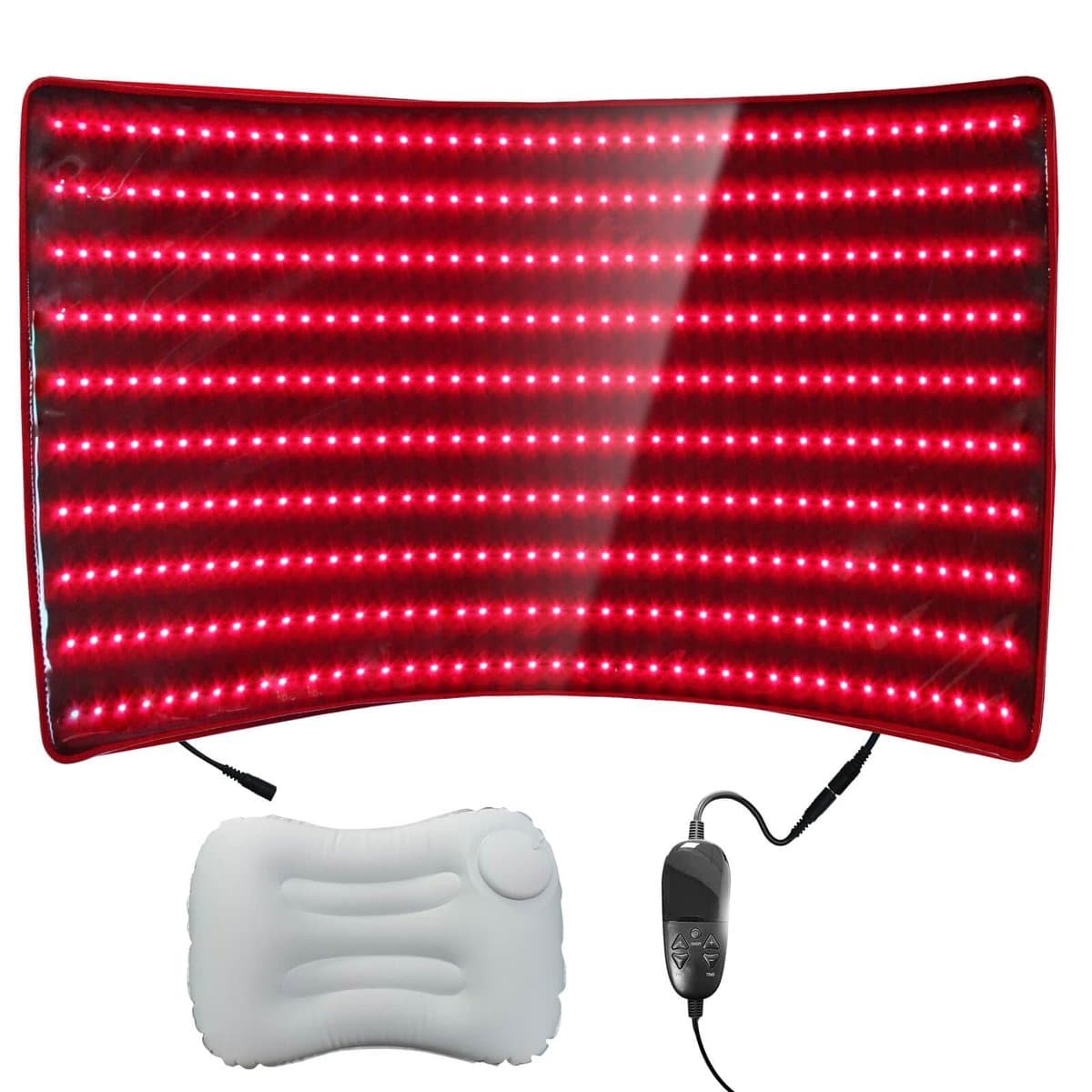 Large red light therapy panel with dual wavelength LEDs mounted on adjustable stand