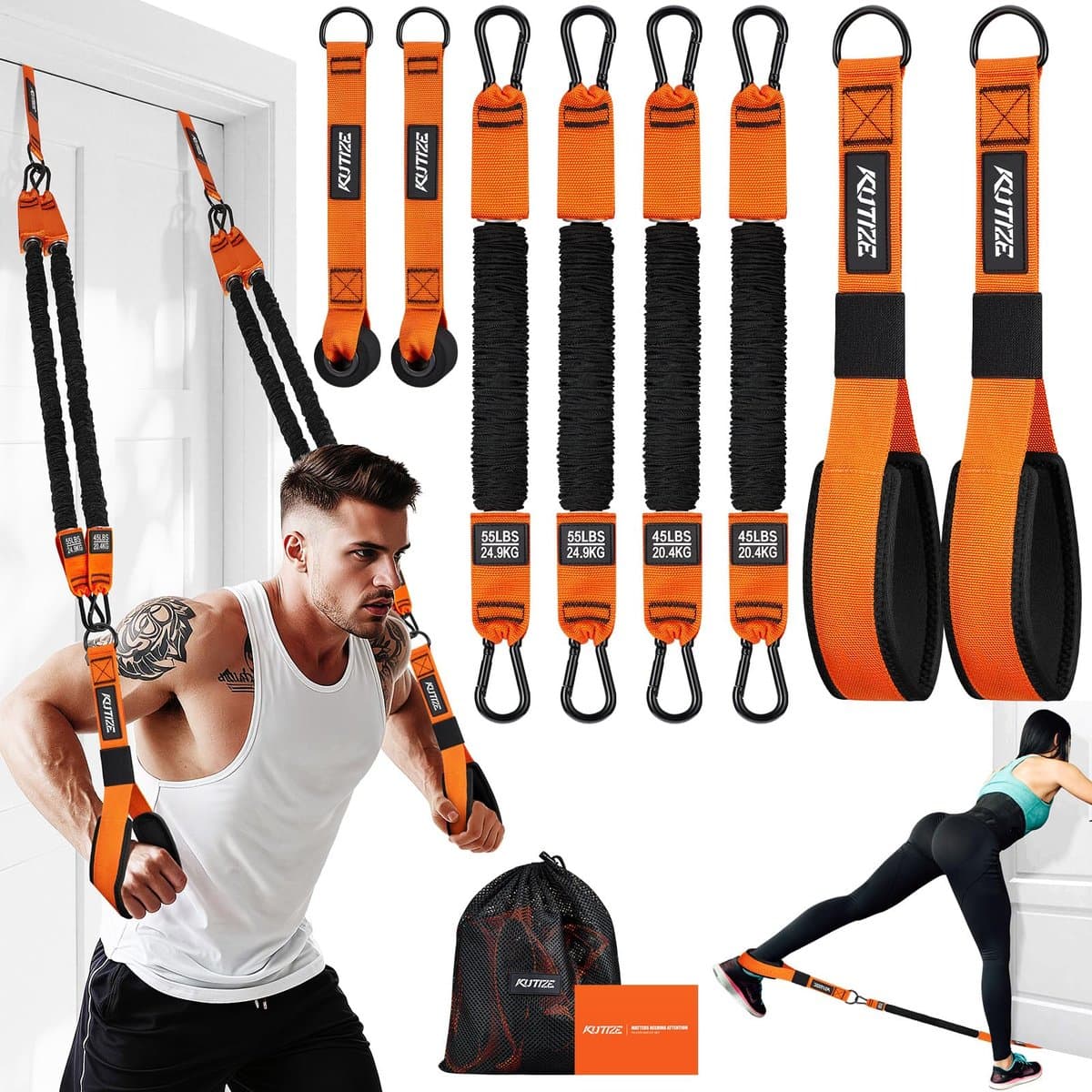 Resistance bands and portable workout equipment laid out for travel