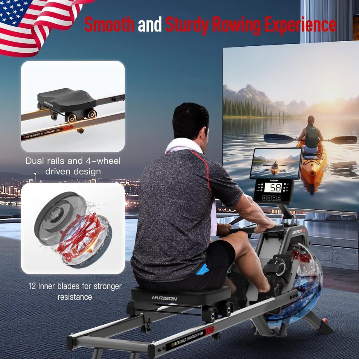 HARISON HR-W8 water rowing machine displaying its premium wood construction