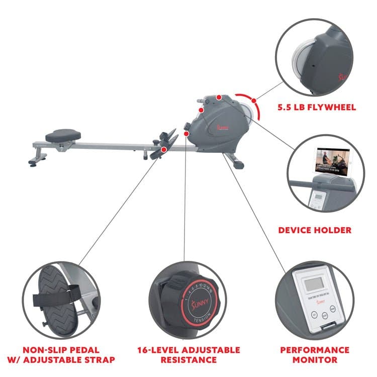 Sunny Health & Fitness magnetic rowing machine in a compact home gym