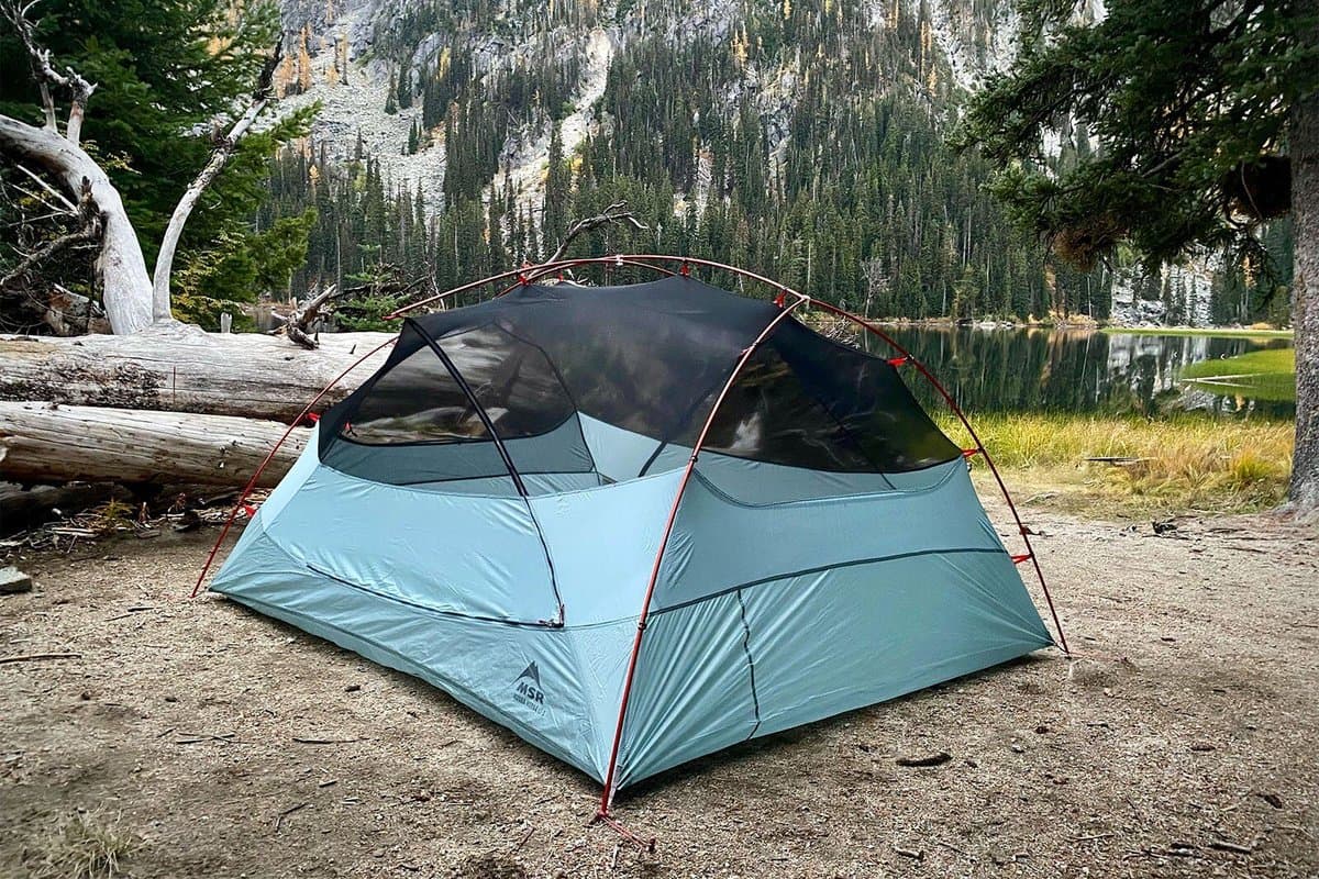 Big Agnes Copper Spur UL3 tent in alpine setting with vestibules deployed