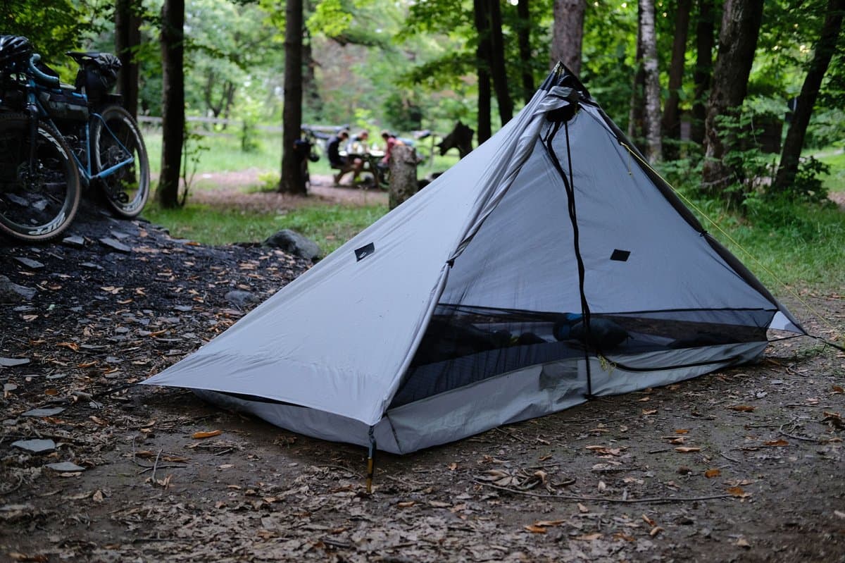 Six Moon Designs Lunar Solo tent showing pyramid design and vestibule area