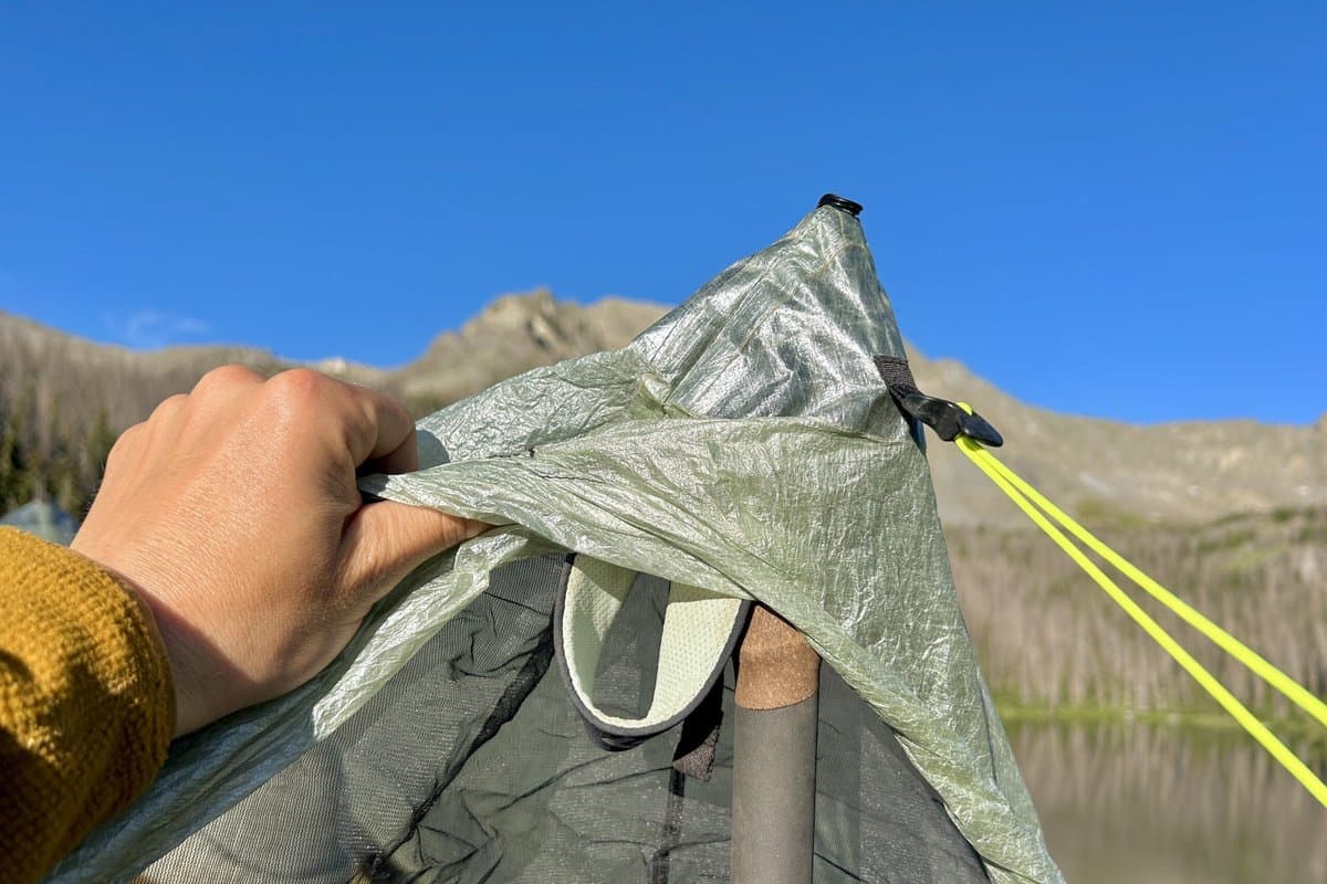 Zpacks Duplex tent pitched with trekking poles in minimalist configuration