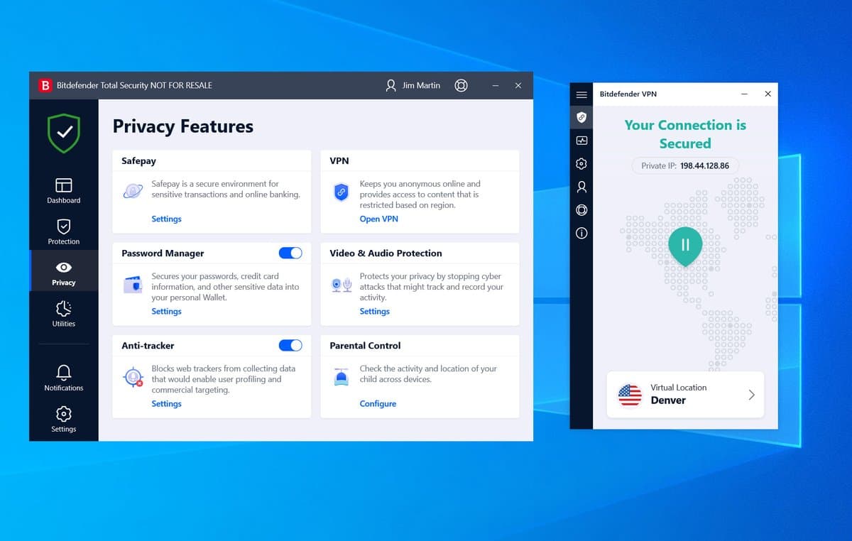 Bitdefender Premium VPN showing privacy-focused server selection and security features