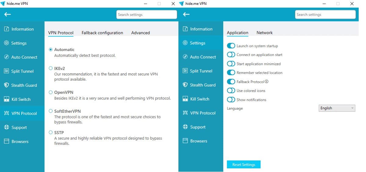 Hide.me VPN privacy settings and stealth mode configuration interface