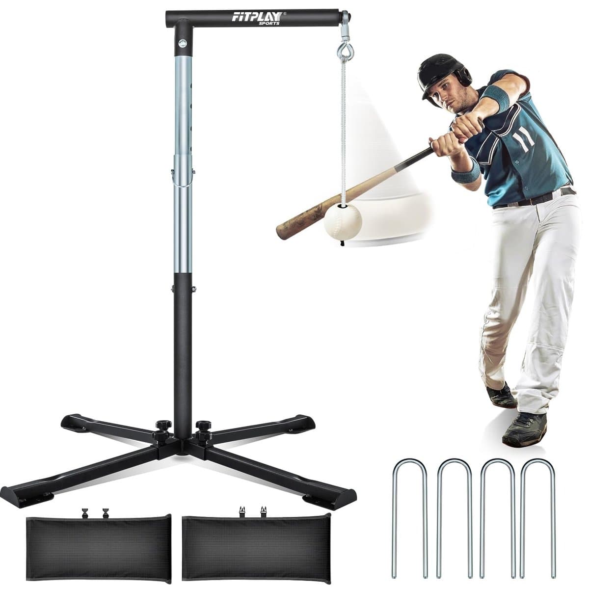 Complete batting station with tee, soft-toss arm, and ball collection system arranged around home plate