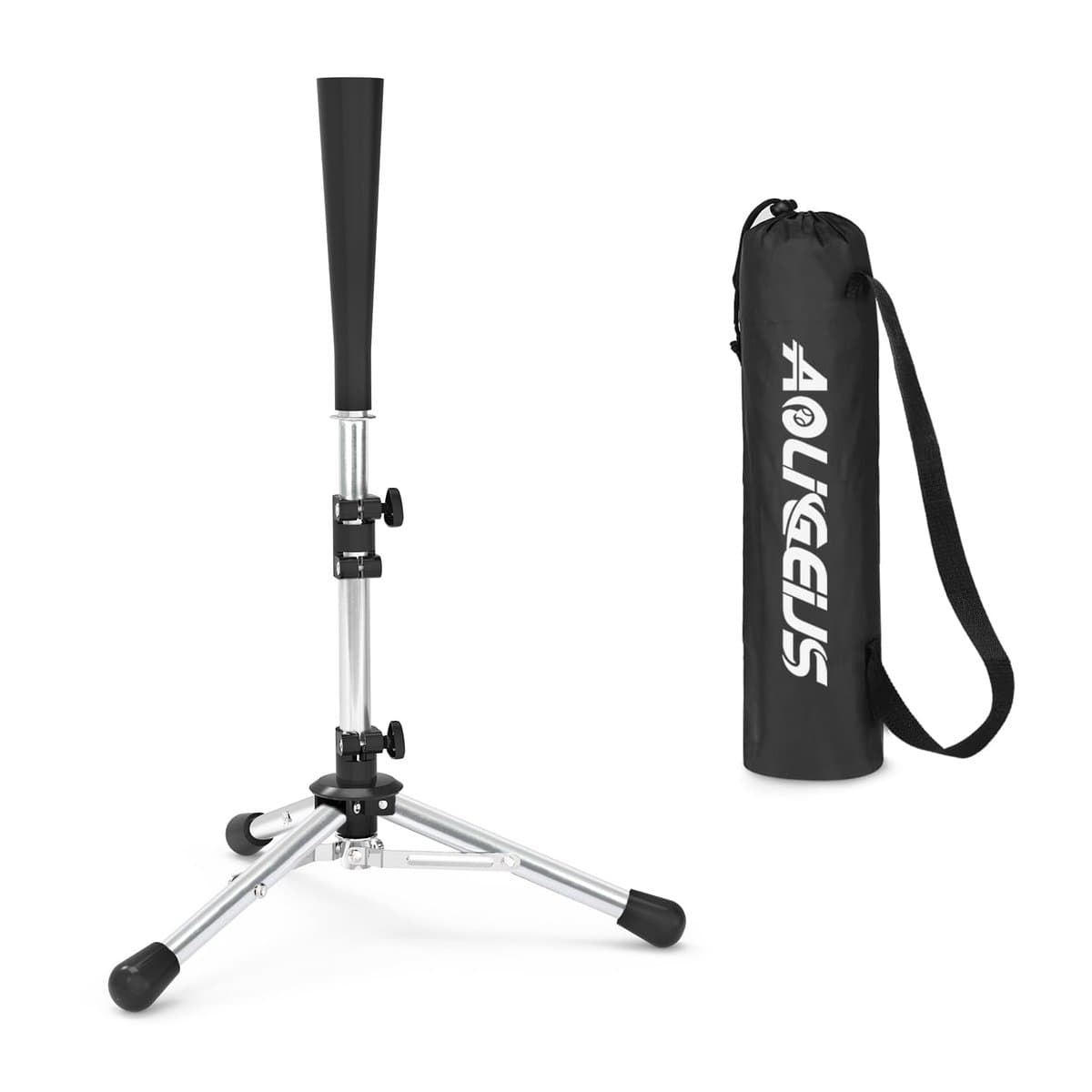 Adjustable height batting tee on home plate with youth baseball bat positioned for swing